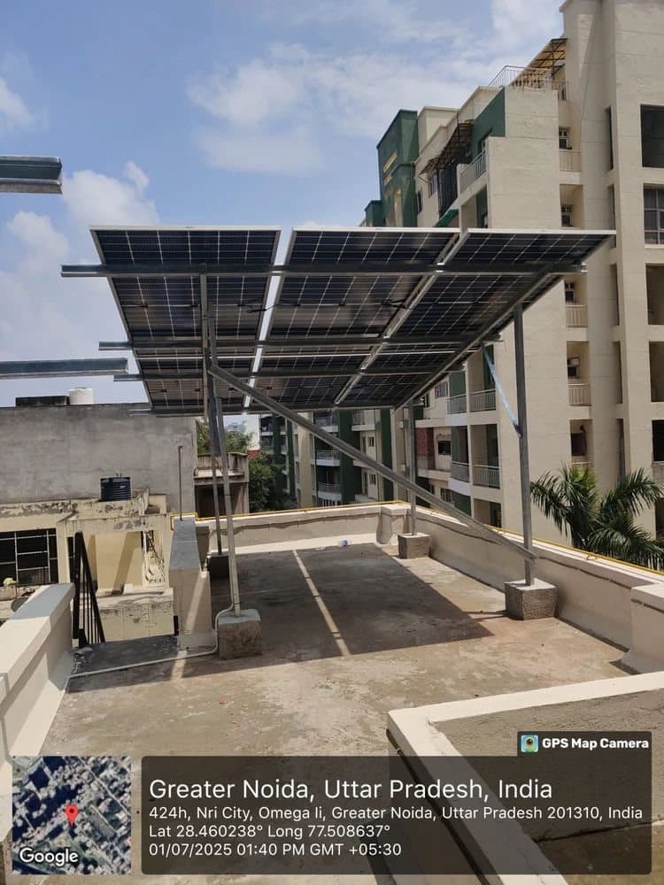 Solar panels on an elevated terrace structure in Greater Noida